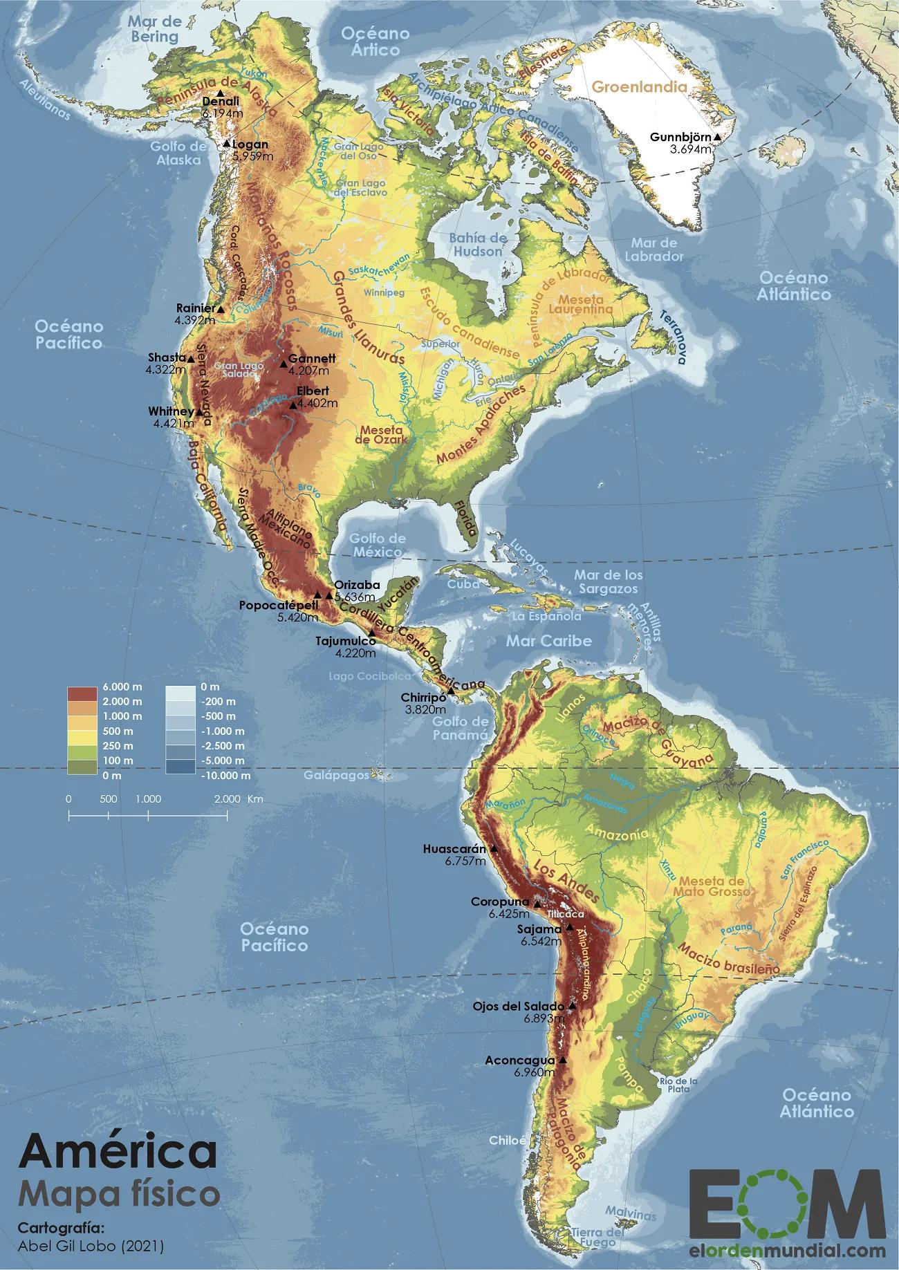 america escla grafica de relieves - Cómo está conformado el mapa de América